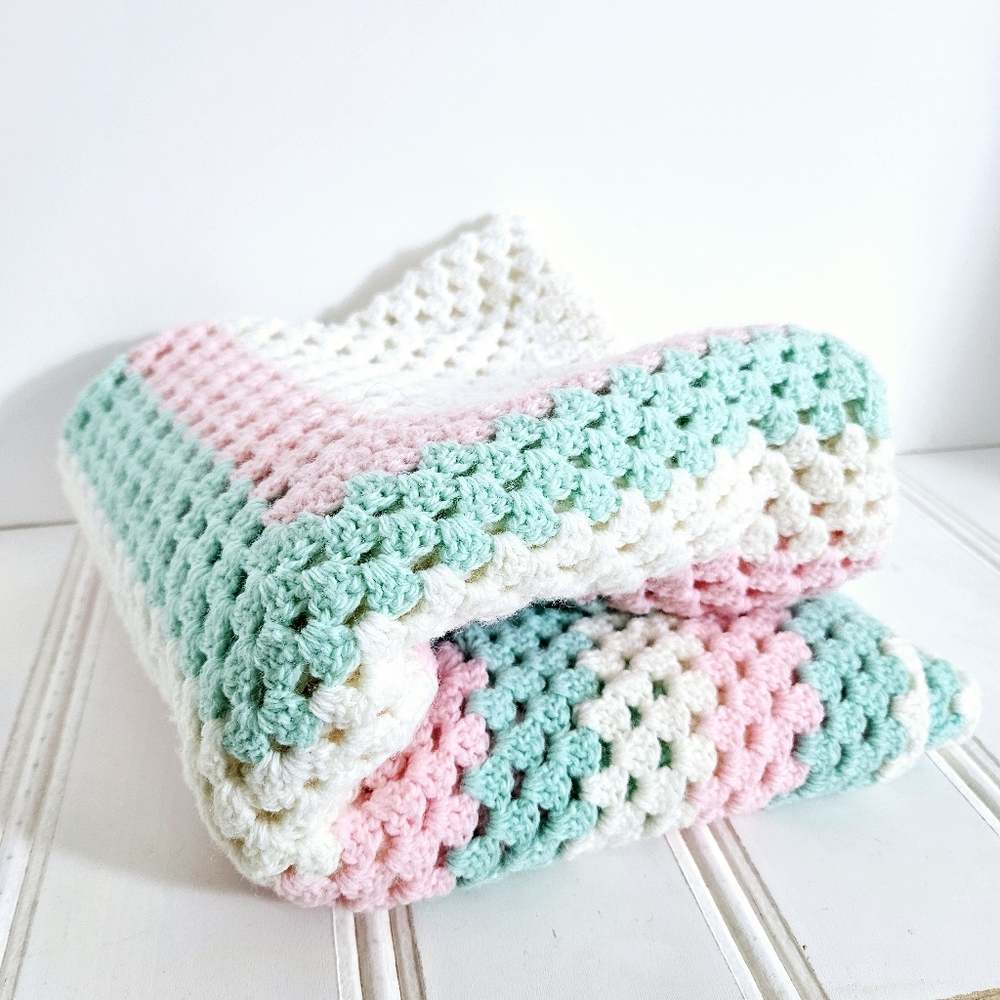 Handmade Crochet Baby Blanket Green Pink Cream Throw Toddler Nursery Gift